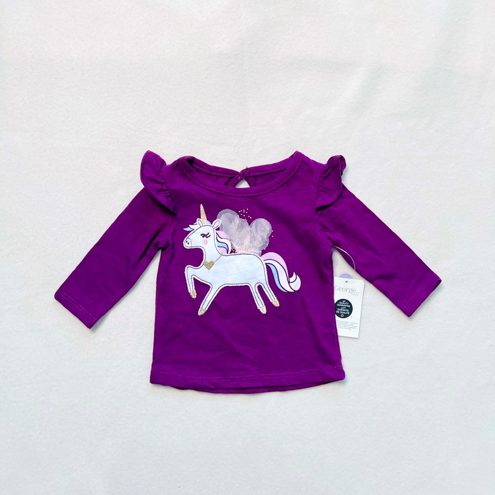 5/$18 George Baby Girl Burgundy Purple Unicorn Graphic Long Sleeve Shirt 0-3 3M
